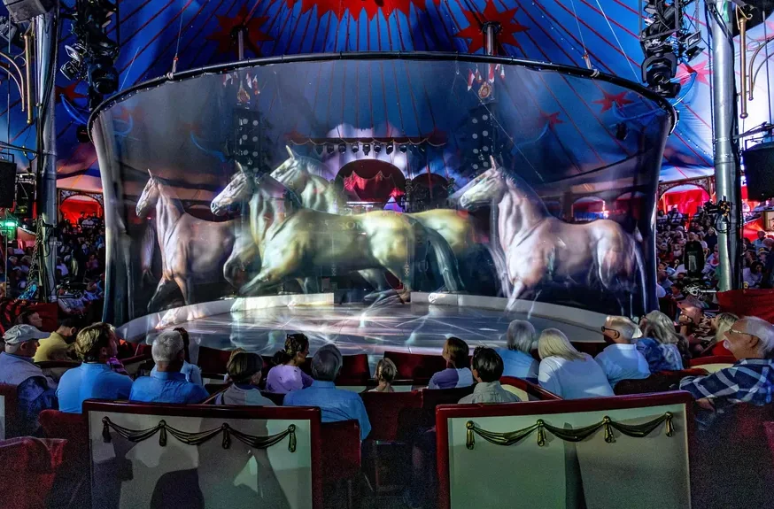 Elefantes holográficos ganham vida no picadeiro do circo alemão. (Créditos: Reprodução)